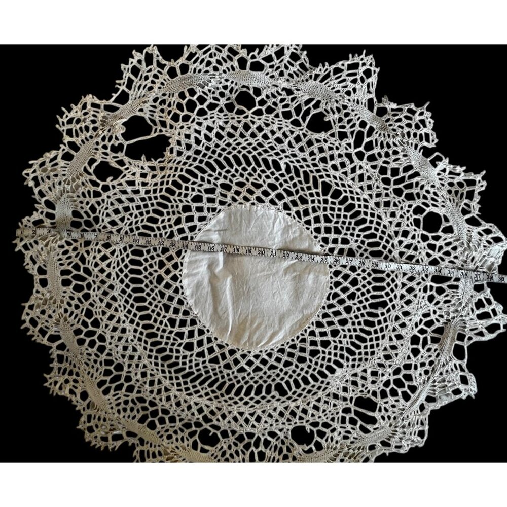 Hand-Crocheted Round Lace Tablecloth With 12” Linen Blend Center 40" Diameter